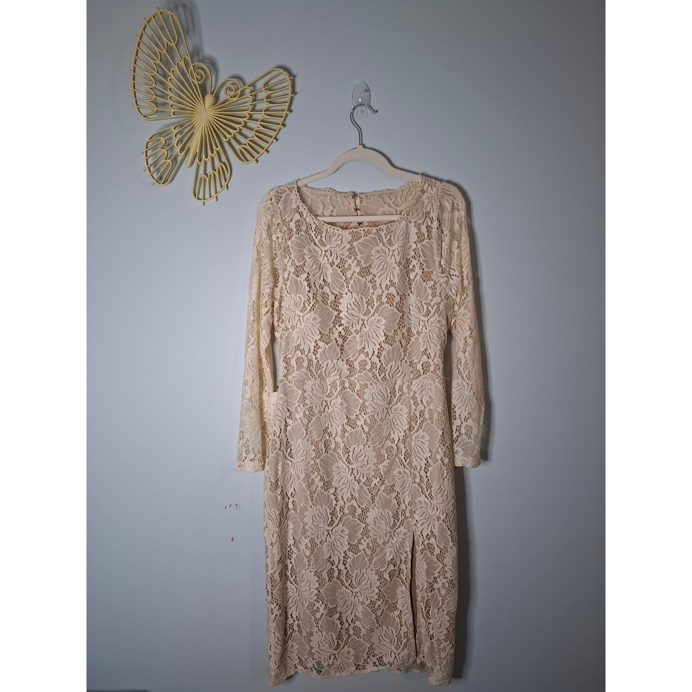 Joyfolie Cream Floral Lace Open Back Midi Dress Long Sleeve XL NWT